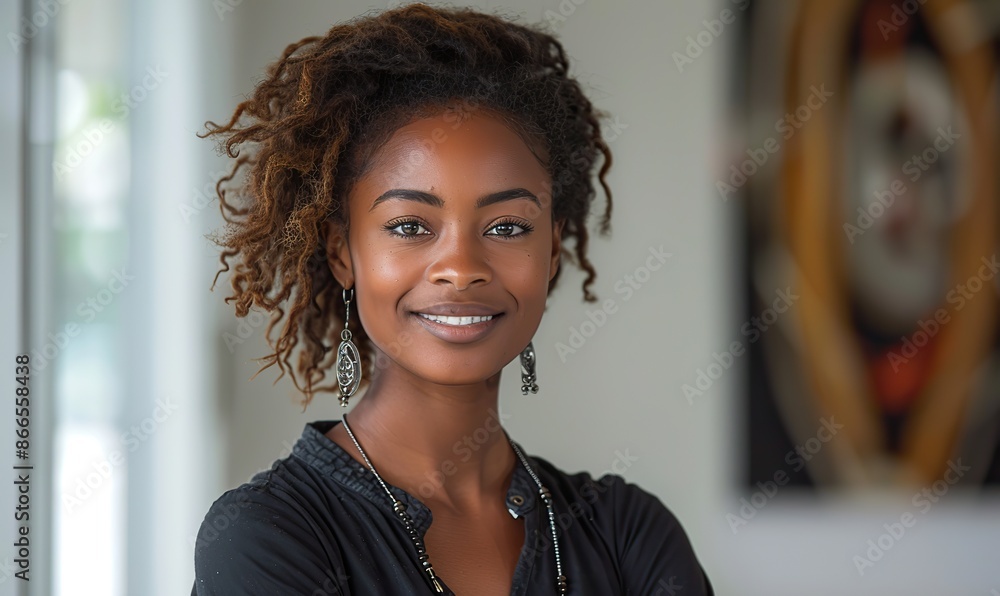 Smiling woman in portrait stands and crosses arms against white backdrop. Smiling woman in portrait stands and crosses arms against white backdrop.
