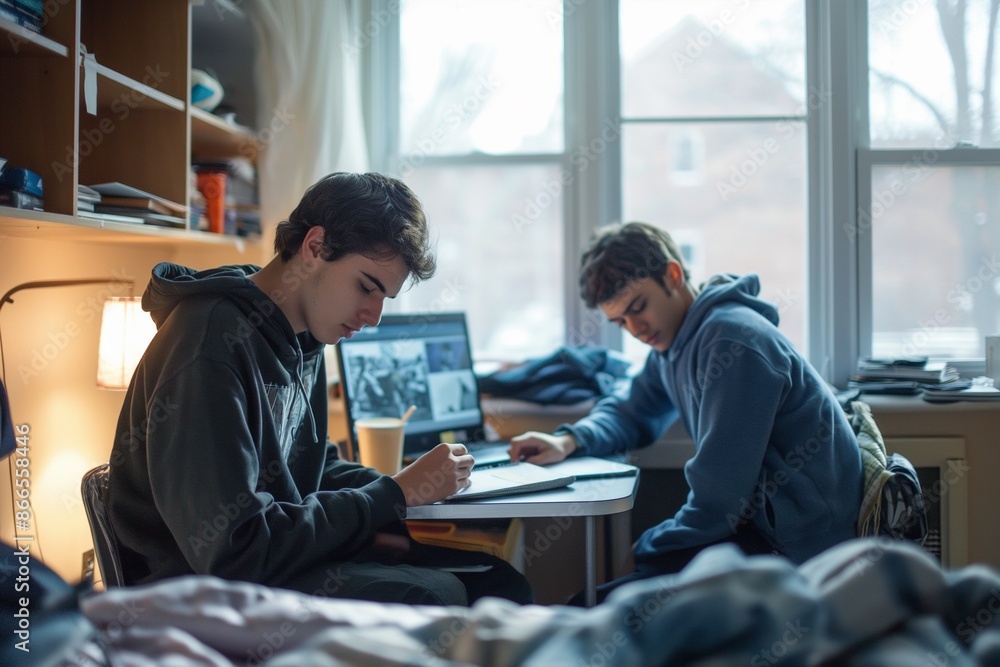 Male students doing homework in the dorm room, Effective Study Strategies: Male Students Excelling at Homework in Dorm Rooms, Collaborative Learning: How Male Students Master Homework in Dorm Room Set Male students doing homework in the dorm room, Effective Study Strategies: Male Students Excelling at Homework in Dorm Rooms, Collaborative Learning: How Male Students Master Homework in Dorm Room Set
