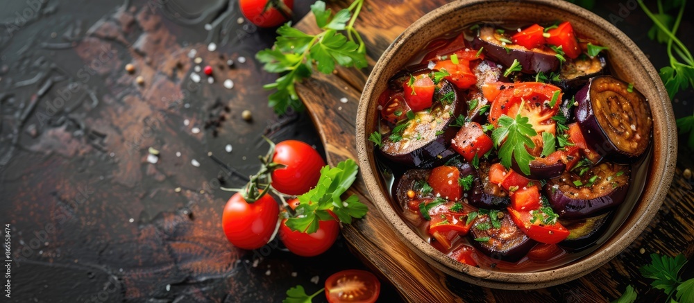 Scarlet eggplant dish with tomato served in wooden container with space for text Scarlet eggplant dish with tomato served in wooden container with space for text