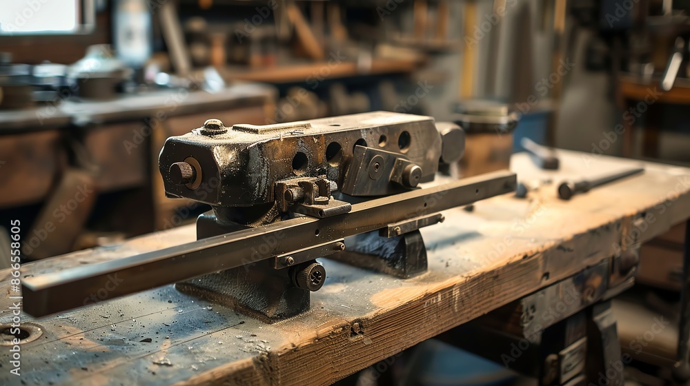 A benchmounted vise holding a metal bar A benchmounted vise holding a metal bar
