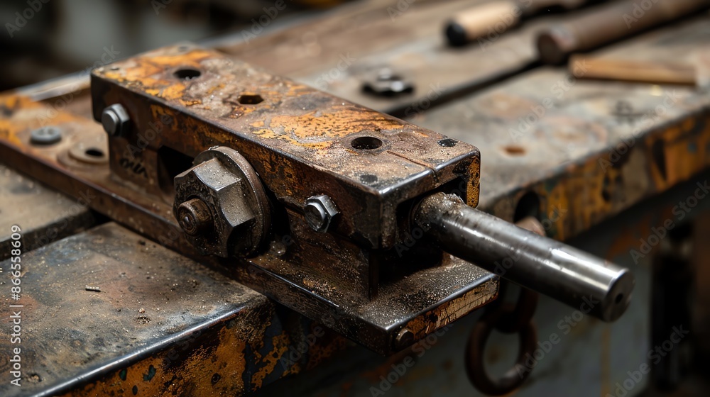 A benchmounted vise holding a metal bar A benchmounted vise holding a metal bar