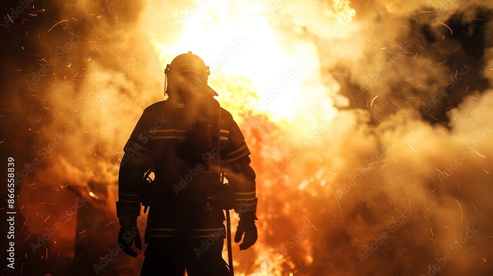 An American firefighters' national holiday with a silhouette of a firefighter on a fire background: Stock image An American firefighters' national holiday with a silhouette of a firefighter on a fire background: Stock image