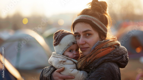 Young homeless woman holds baby in her arms. Refugee camp, place of temporary refuge, integration of migrants and immigrants.