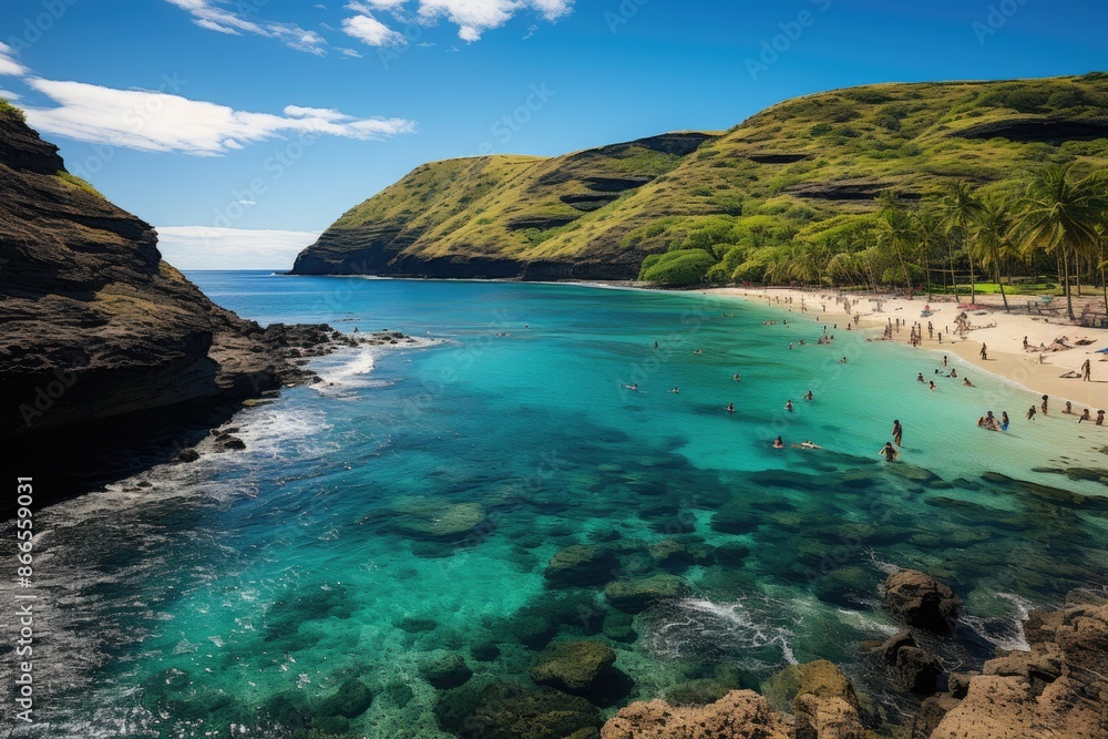 Fototapeta premium Hanauma Bay Dive paradise with reefs and marine life., generative IA