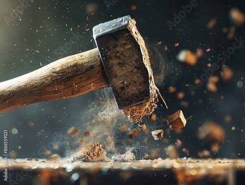 A detailed closeup of a hammer hitting a nail photo