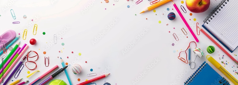 Top view of a school supplies double border banner on a white background with copy space. Back to school theme. Top view of a school supplies double border banner on a white background with copy space. Back to school theme.