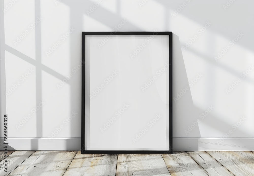 Black vertical poster frame on a light wooden floor next to a white wall. Blank poster frame mockup. Empty picture frame mockup. Vertical frame mock up. Blank photo frame. 3D rendering. Black vertical poster frame on a light wooden floor next to a white wall. Blank poster frame mockup. Empty picture frame mockup. Vertical frame mock up. Blank photo frame. 3D rendering.