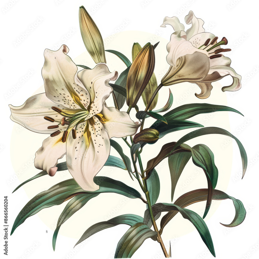 Set of white lily flowers isolated on a white background with clipping path. Close-up. Ideal for design and nature themes. Set of white lily flowers isolated on a white background with clipping path. Close-up. Ideal for design and nature themes.