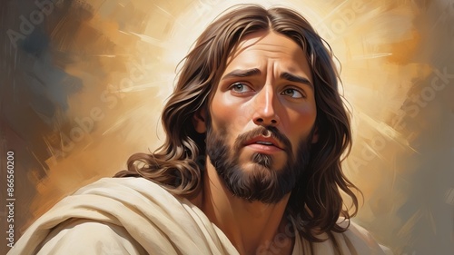 portrait of Jesus of Nazareth, painting of Jesus Christ with golden aura and rays of lights