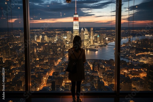 Iconic panoramic view of the One World Observatory in NYC., generative IA