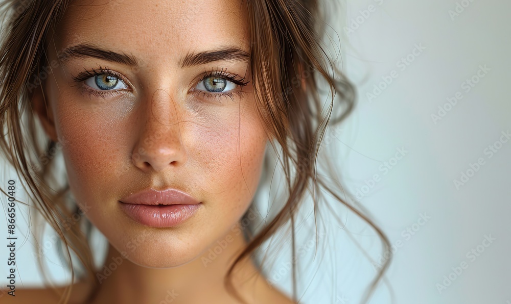 Obraz premium The photo presents a serene and content young woman with radiant, youthful skin, conveying beauty and peace.