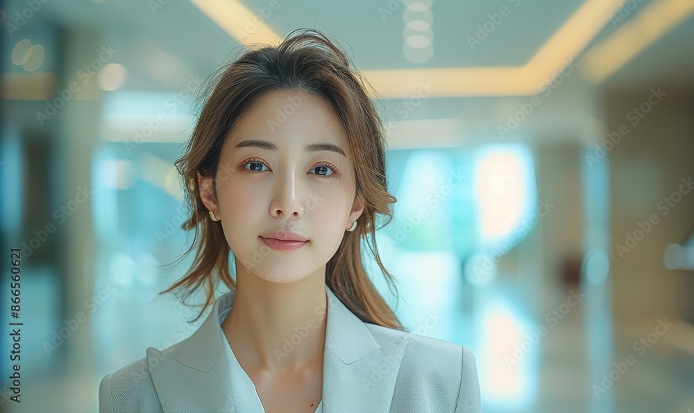 Asian business woman confidently walks through modern office lobby, white background Asian business woman confidently walks through modern office lobby, white background