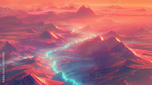 Prismatic golden valleys interlace with glowing streams under sapphire hills in scarlet haze.