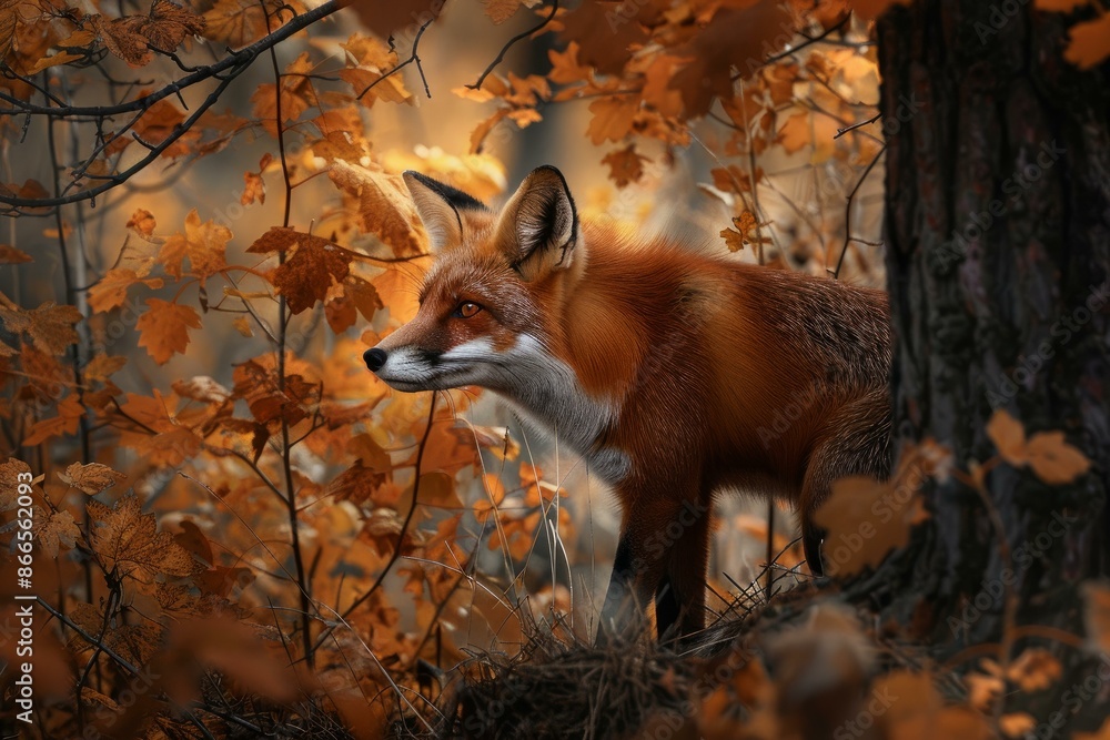 Fototapeta premium Elegant red fox stands among vibrant fall foliage in a serene woodland scene