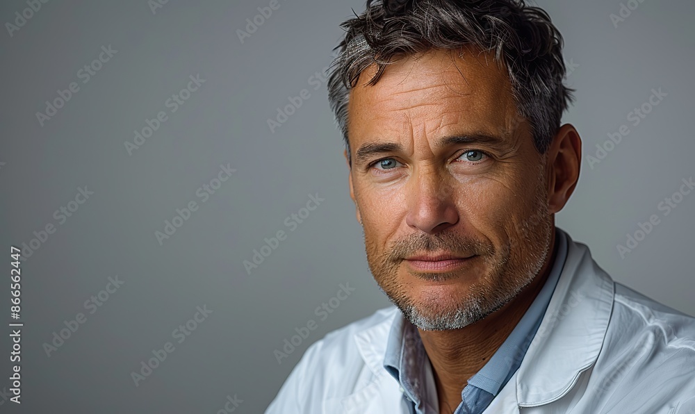 White background professional portrait of male urologist in lab coat.