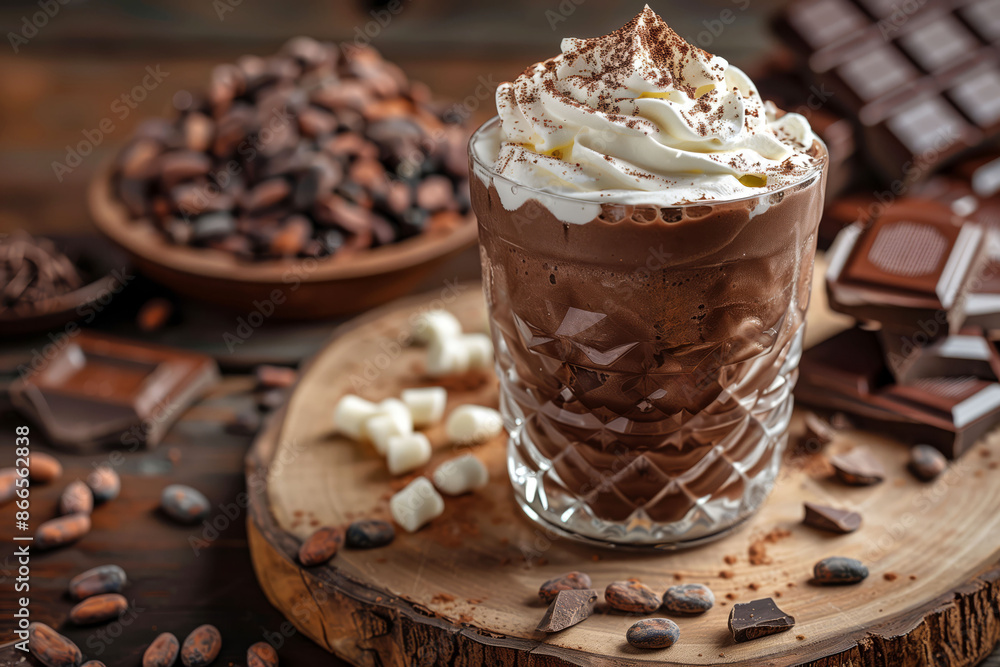 Chocolate milkshake with whipped cream on wooden board dessert concept Chocolate milkshake with whipped cream on wooden board dessert concept