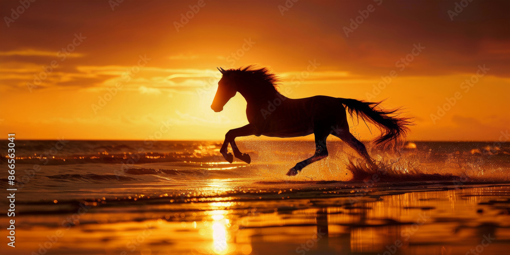 Silhouette of a horse galloping along the ocean shore at sunset. Silhouette of a horse galloping along the ocean shore at sunset.