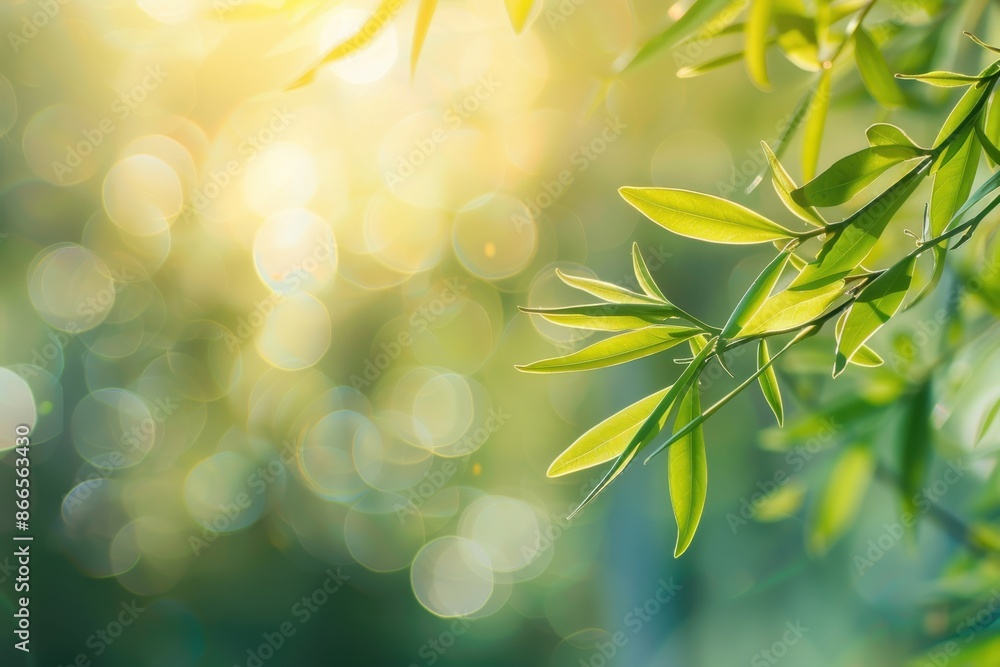 Green willow branch with tiny leaves in sunlight. Abstract natural setting with blurred background. Unique design banner with space for text. Photo concept Green willow branch with tiny leaves in sunlight. Abstract natural setting with blurred background. Unique design banner with space for text. Photo concept