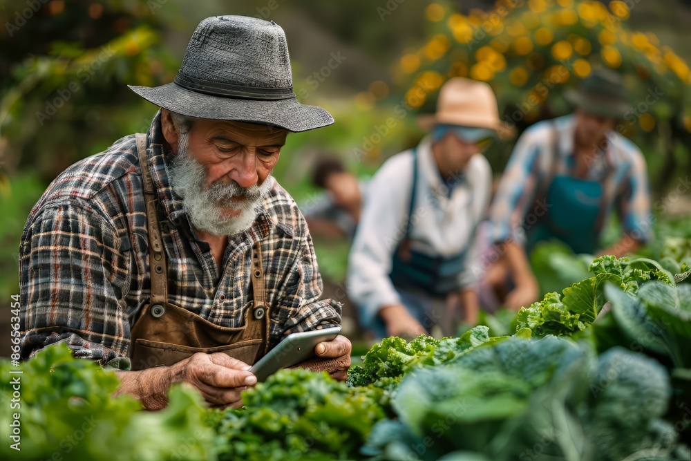 Senior Farmer Using Tablet in Garden Senior Farmer Using Tablet in Garden