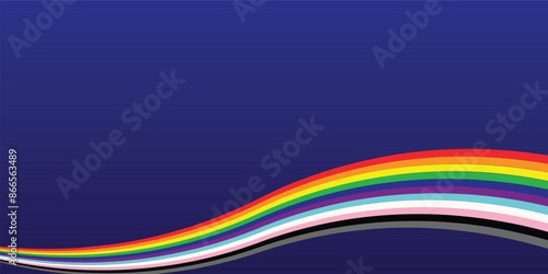 rainbow design banner with wavy stripes. Empty blue background with wavy rainbow