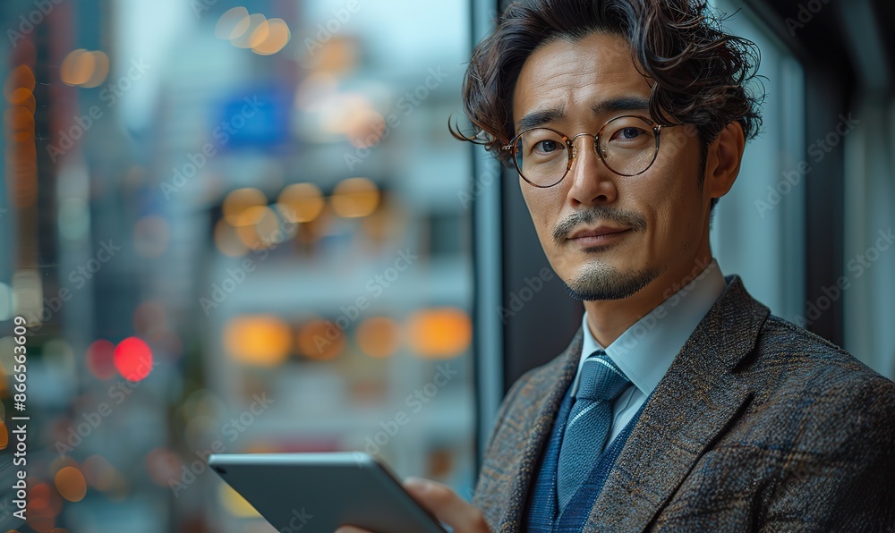 Fototapeta premium professional young asian businessman using tablet standing at window japanese business man executive working with fintech device checking digital marketing ecommerce business project.