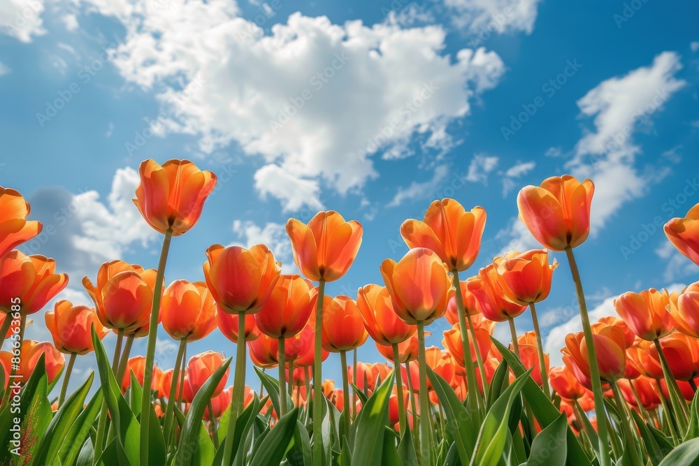 Lively meadow of flowering apricot tulips below a sky blue with fluffy clouds Lively meadow of flowering apricot tulips below a sky blue with fluffy clouds