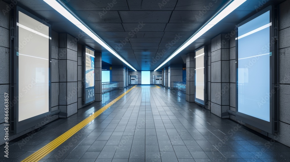 Mockup of a subway advertising lightbox glowing in an empty station Mockup of a subway advertising lightbox glowing in an empty station
