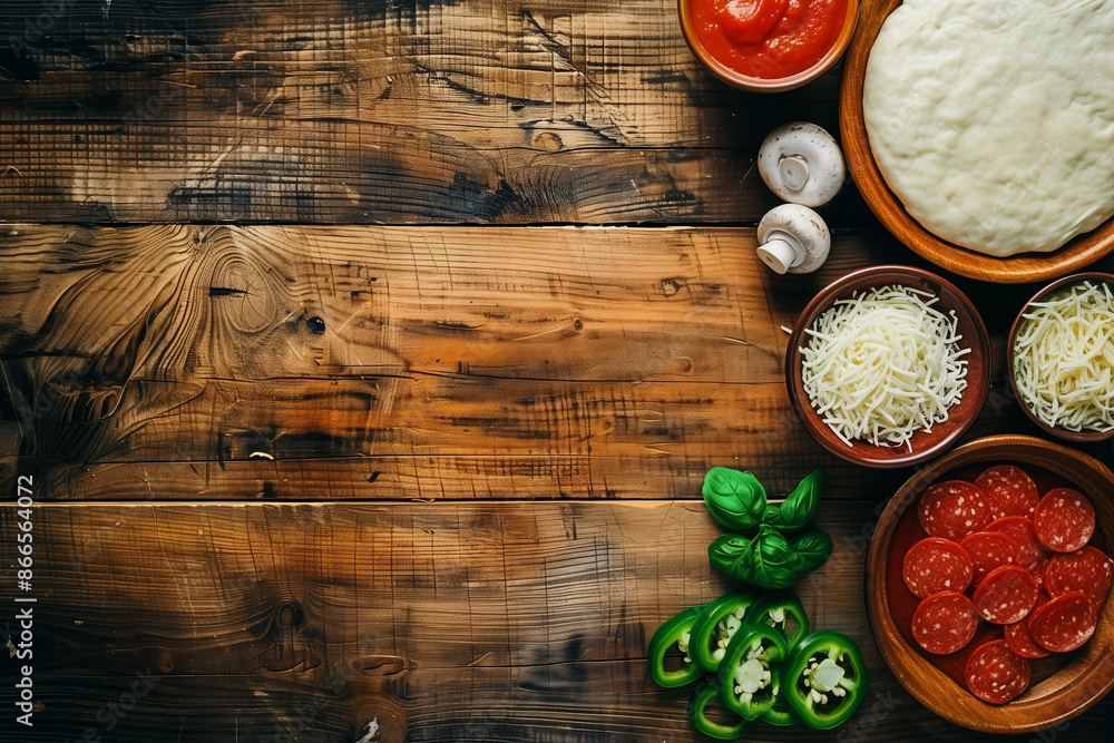 pizza ingredients spread out on a wooden table, raw dough, cheese, basil, mushrooms pizza ingredients spread out on a wooden table, raw dough, cheese, basil, mushrooms
