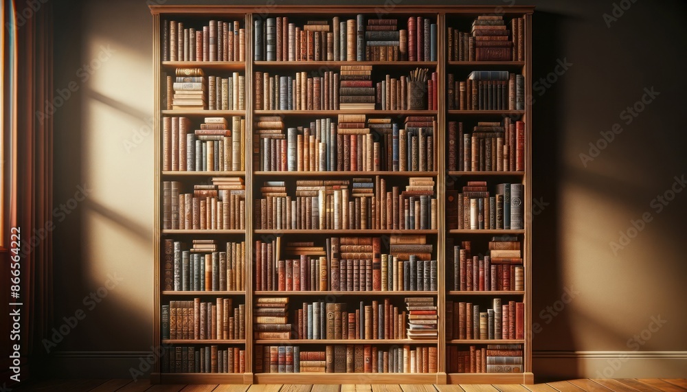 Fototapeta premium well-organized bookshelf filled with books of various colors and sizes. The bookshelf is made of wood