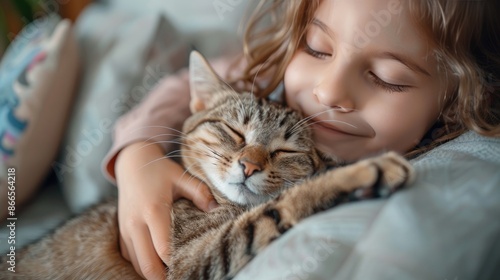 children holding cute cat on couch in living room at home, Adorable domestic pet concept