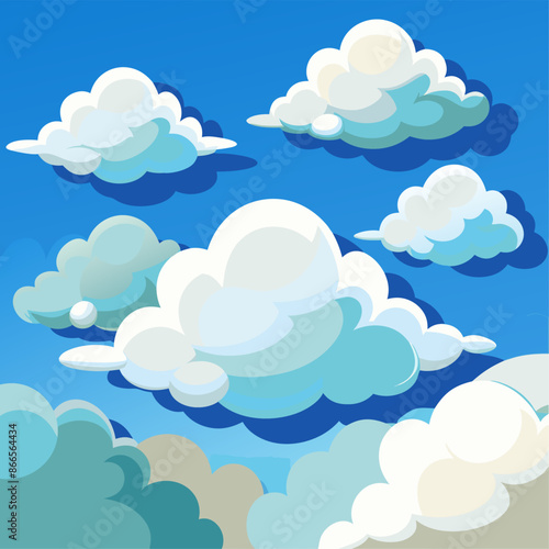 A cartoon illustration of fluffy clouds in a bright blue sky