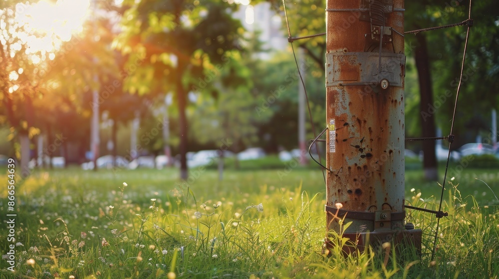 Fototapeta premium Metal base of electric pole in urban park with copy space front view