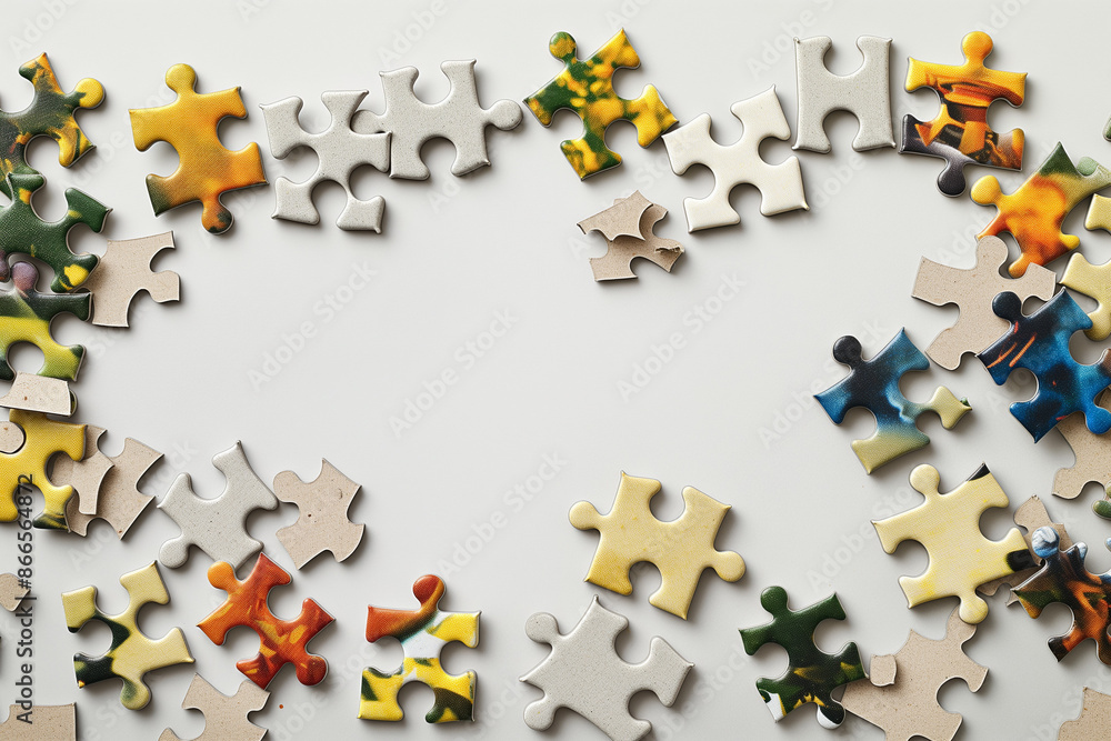 Obraz premium jigsaw pieces on white, A wide banner featuring disassembled puzzle pieces scattered across the frame, leaving a central blank space