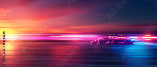 F1 car speeding on a racetrack, close up, focus on, vibrant colors, double exposure silhouette with motion blur