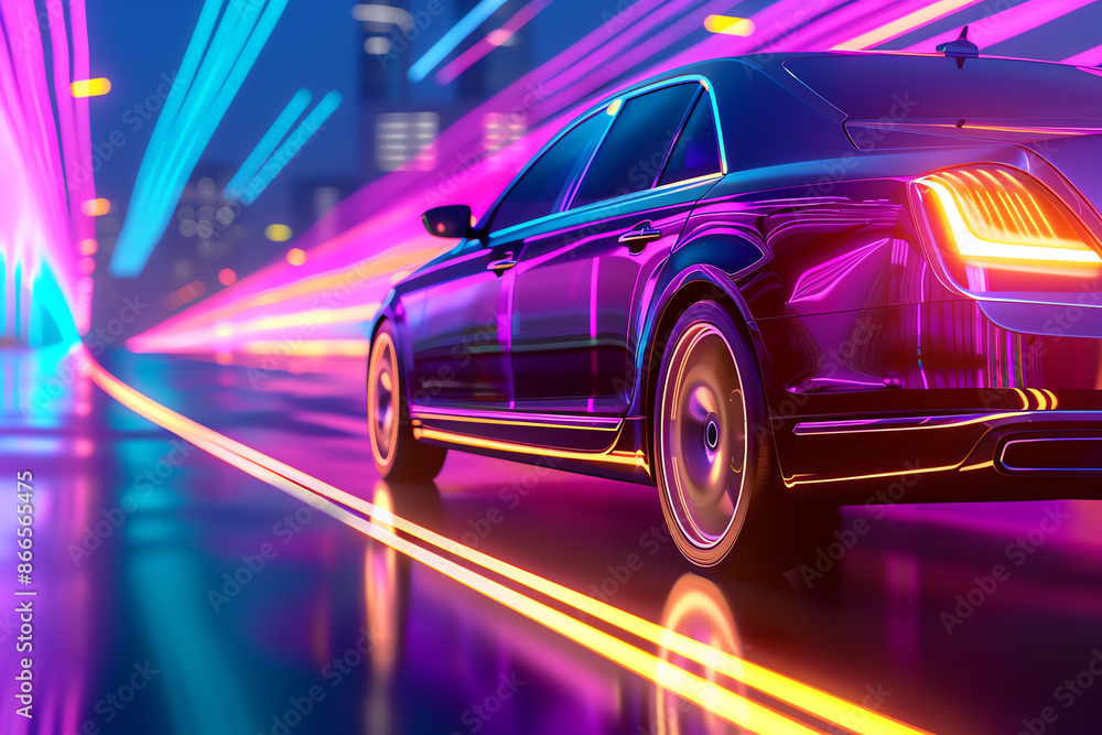 Luxury car driving through a city at night, close up, focus on, vibrant colors, double exposure silhouette with neon lights Luxury car driving through a city at night, close up, focus on, vibrant colors, double exposure silhouette with neon lights