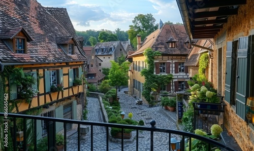 Fototapeta Naklejka Na Ścianę i Meble -  A quaint village with cobblestone streets and historic buildings, viewed from a balcony of a charming inn