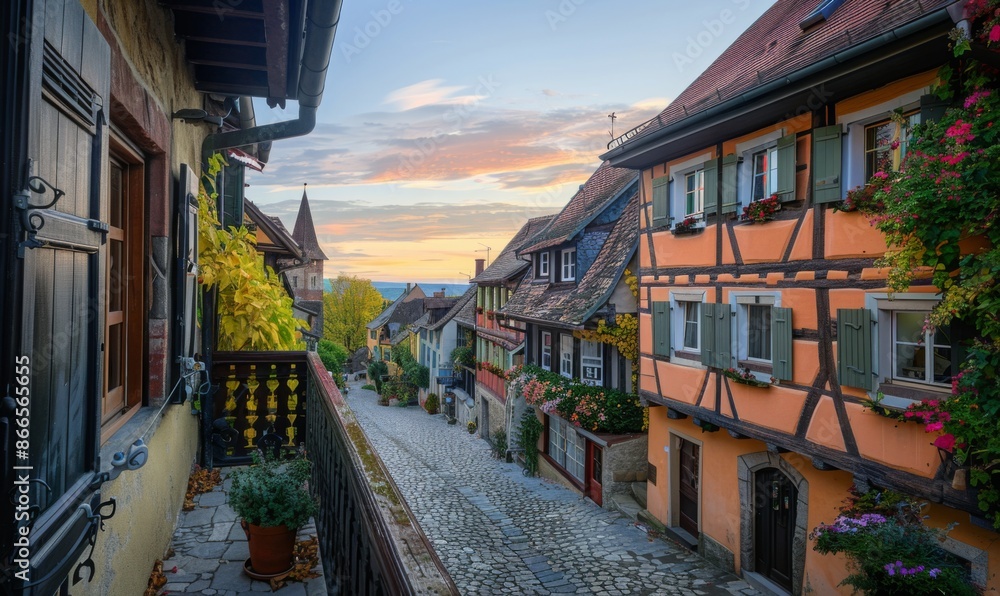 Obraz premium A quaint village with cobblestone streets and historic buildings, viewed from a balcony of a charming inn