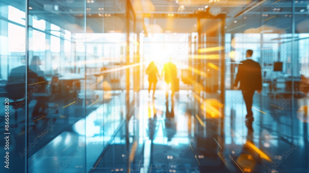 A blurred image of three business professionals walking through a modern office space with a bright, sunlit background A blurred image of three business professionals walking through a modern office space with a bright, sunlit background