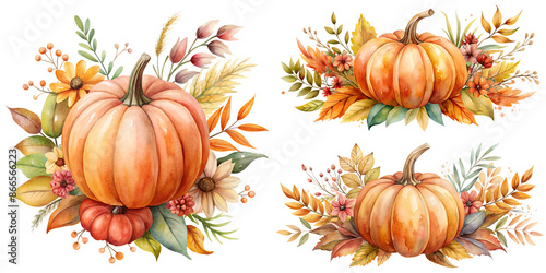 Watercolor autumn pumpkin clipart with fall floral leaves transparent background PNG file