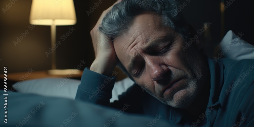 A man is laying in bed with his head on his hand A man is laying in bed with his head on his hand