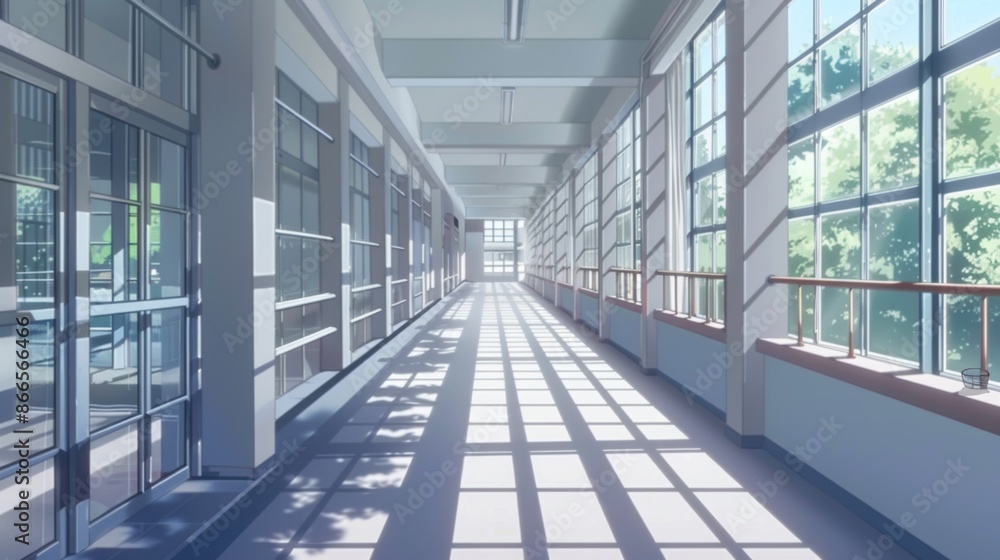 Long empty corridor in high school building Long empty corridor in high school building