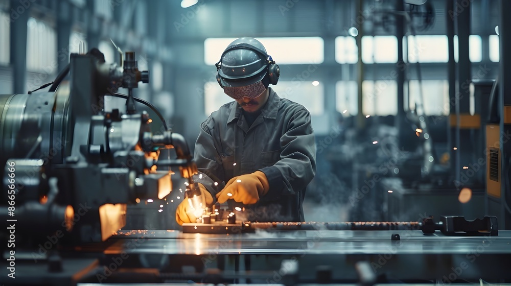 Industrial Worker Welding Metal Using Sparks in a Factory Workshop Industrial Worker Welding Metal Using Sparks in a Factory Workshop