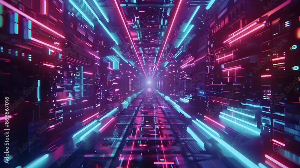 Futuristic Neon-Lit Tunnel with Glowing Geometric Architecture Futuristic Neon-Lit Tunnel with Glowing Geometric Architecture