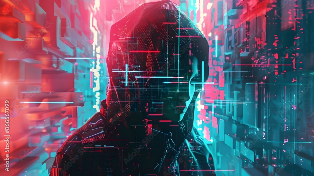 Hooded Hacker in Futuristic City Neon Lights Digital Art Hooded Hacker in Futuristic City Neon Lights Digital Art