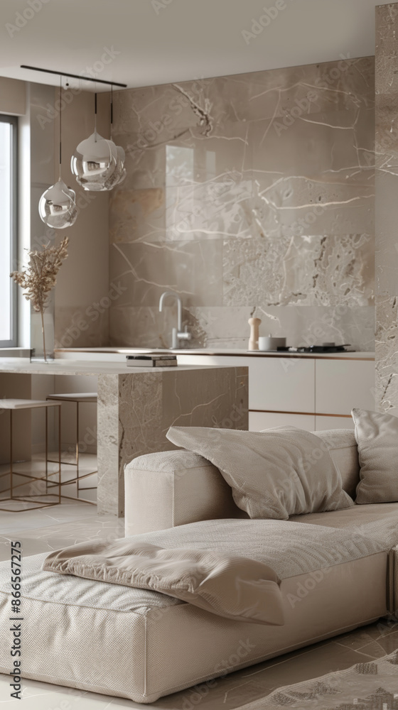A modern living room with a white sofa and a white kitchen island in ...