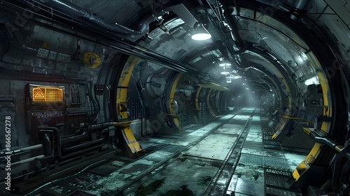 Dark Abandoned Underground Tunnel with Futuristic Metal Architecture