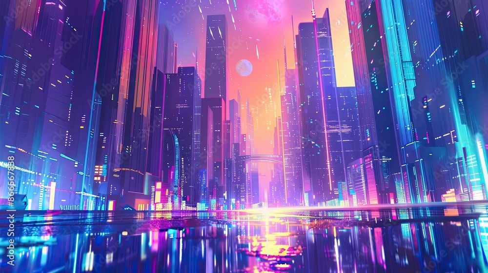 colorful futuristic city background. modern city and skyscrapers with neon futuristic technology background, virtual reality colorful futuristic city background. modern city and skyscrapers with neon futuristic technology background, virtual reality