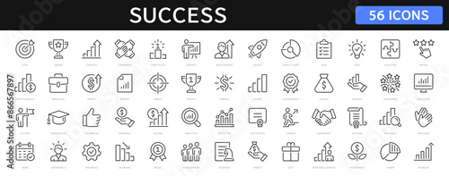 Success and growth thin line icons set. Progress, career, profit editable stroke icon. Vector
