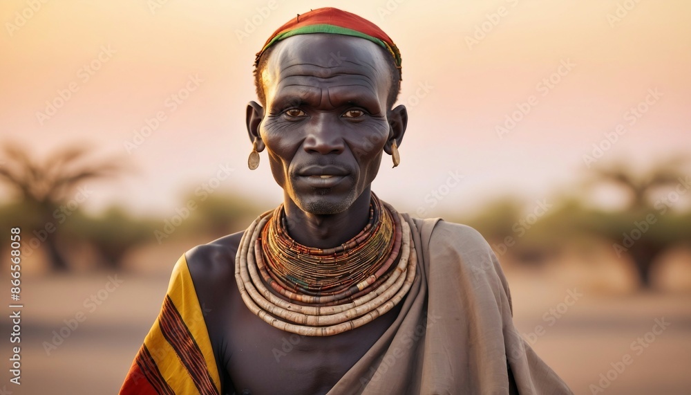 Portrait of Turkana man in traditional clothes, copy space for text Portrait of Turkana man in traditional clothes, copy space for text