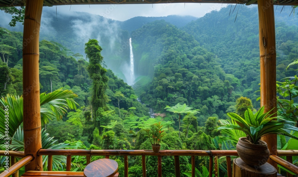 Fototapeta premium A stunning view of a lush rainforest canopy with a distant waterfall, viewed from a balcony of an eco-lodge